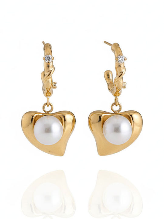 Stainless Steel Earrings Heart Pearl & Rhinestone Gold
