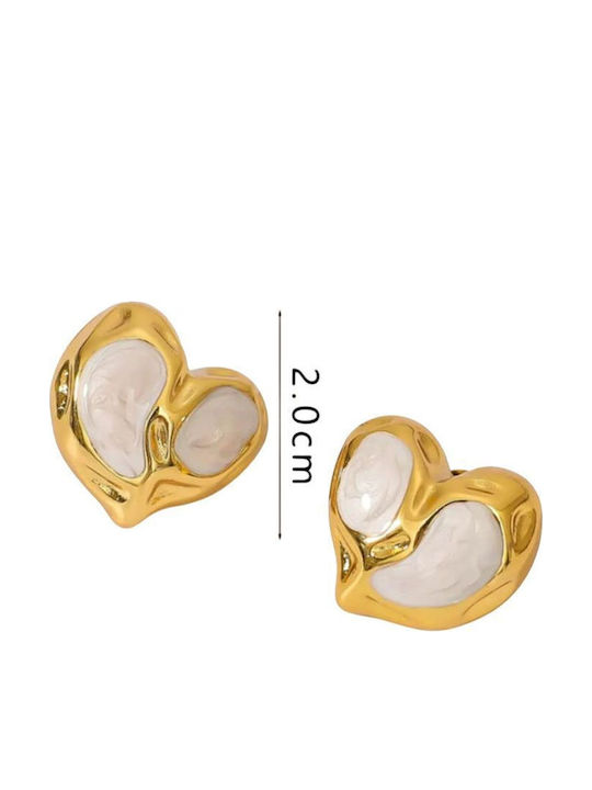 Steel Stud Earrings Heart Shape Gold White