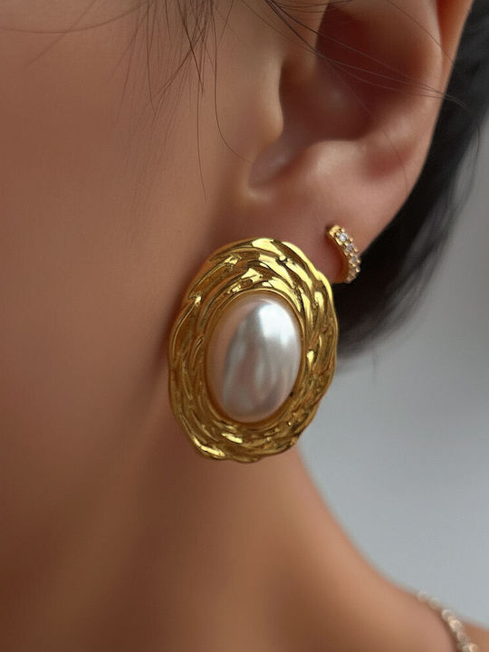 Silver Steel Oval Pearl Earrings