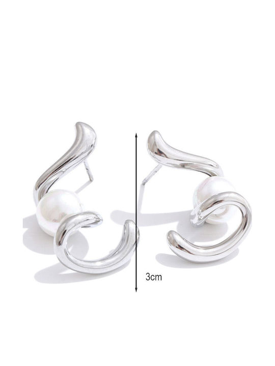 Stainless Steel Earrings Curves & Pearl Silver