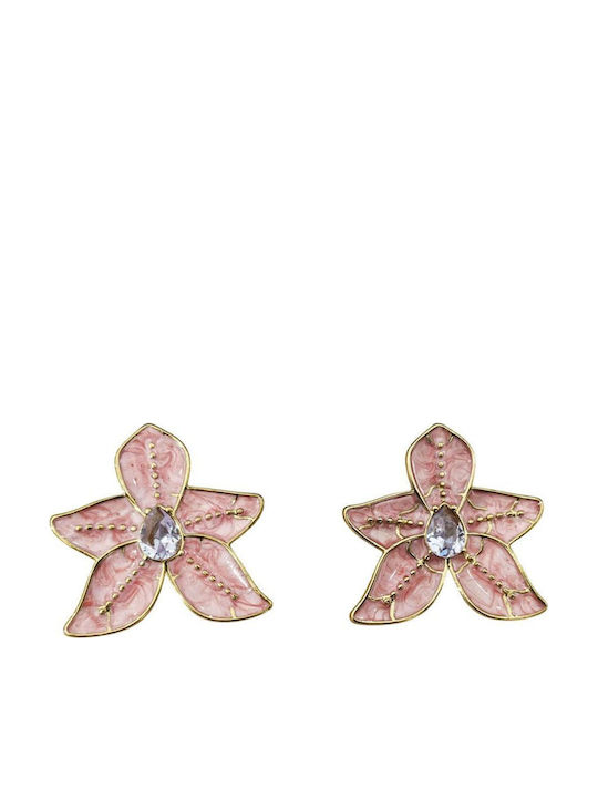 Green and Gold Steel Stud Flower Earrings with a Stone in the Center