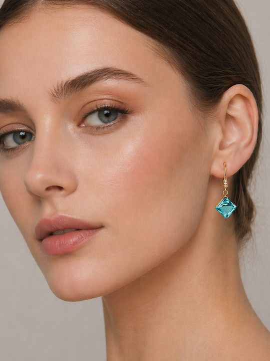 Steel Earrings Square Crystal Hook Gold Light Blue