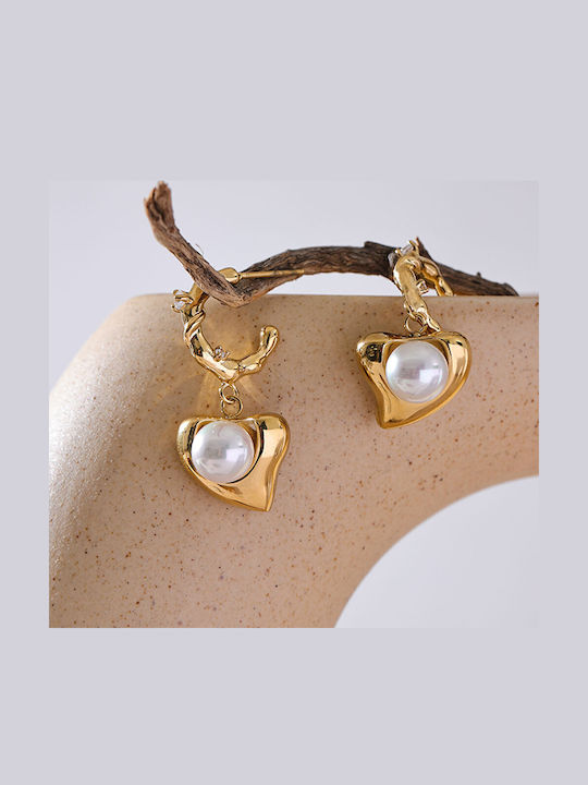 Steel Earrings Heart Pearl & Rhinestone Silver Steel Earrings Heart Pearl & Rhinestone Silver