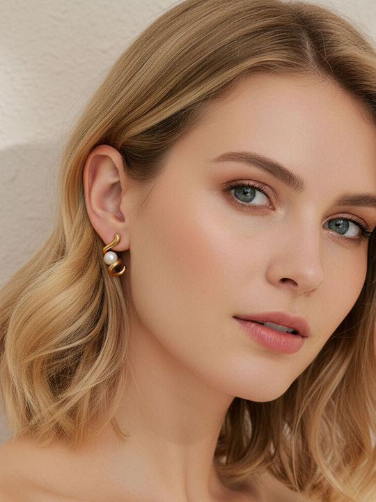 Stainless Steel Earrings Curves & Pearl Gold