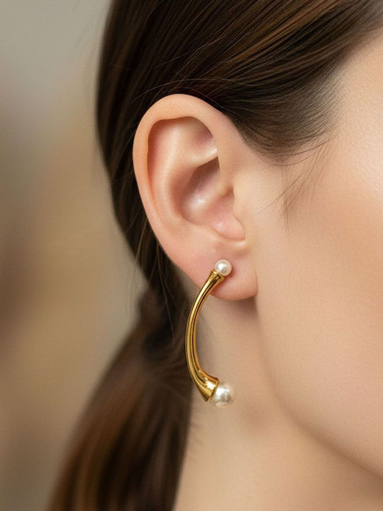 Stainless Steel Curved Pearl Earrings Gold