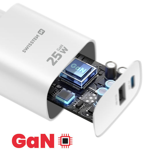 Swissten GaN Charger Without Cable with USB-A Port and USB-C Port 25W Power Delivery White (22071715)
