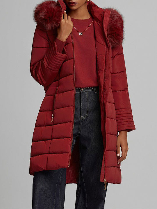 Long Women's Puffer Jacket for Winter Red