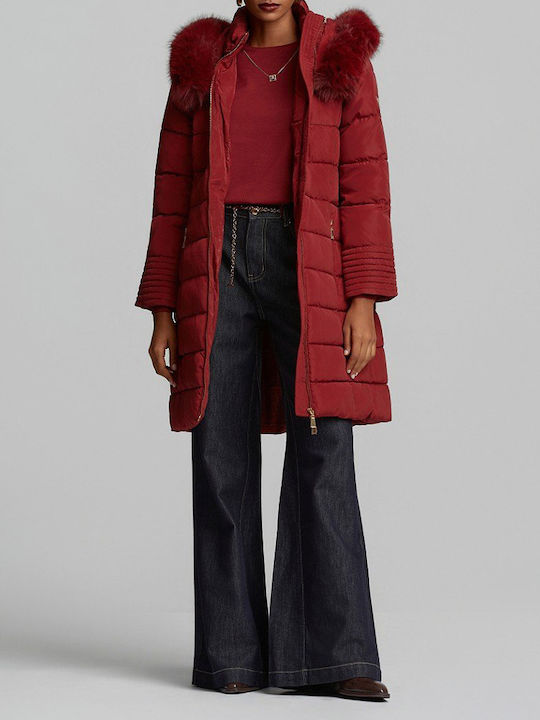 Long Women's Puffer Jacket for Winter Red