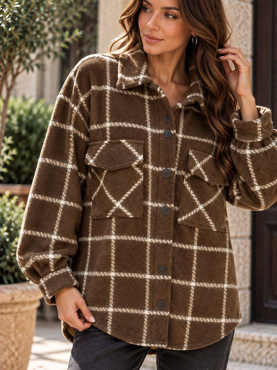 Long Sleeve Women's Brown Checked Denim Shirt