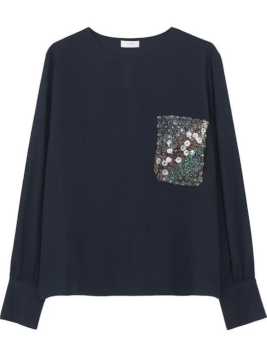 Long Sleeve Women's Silky Shirt Dark Blue