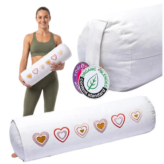 Yoga Bolster Round Yoga Pillow White Hearts Organic Cotton 60x16cm