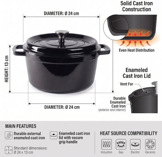 Hausberg Round Cast Iron Dutch Oven 24cm 4.3lt