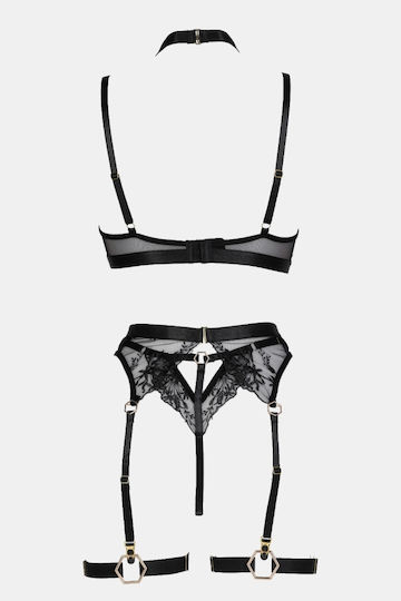 Set de lenjerie intimă transparent cu balene și jartiere negru