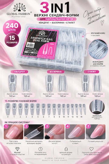 Global Fashion „Ballet“ Top-Sandwich-Formen für Nagelverlängerungen, 15 Größen, 240 Stück, Quadratisch