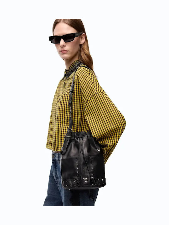 Black Leather Women's Drawstring Bag
