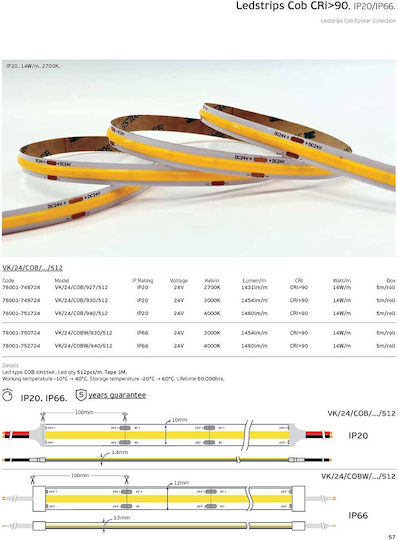VK Lighting Waterproof LED Strip 24V Natural White Light 5m Type COB