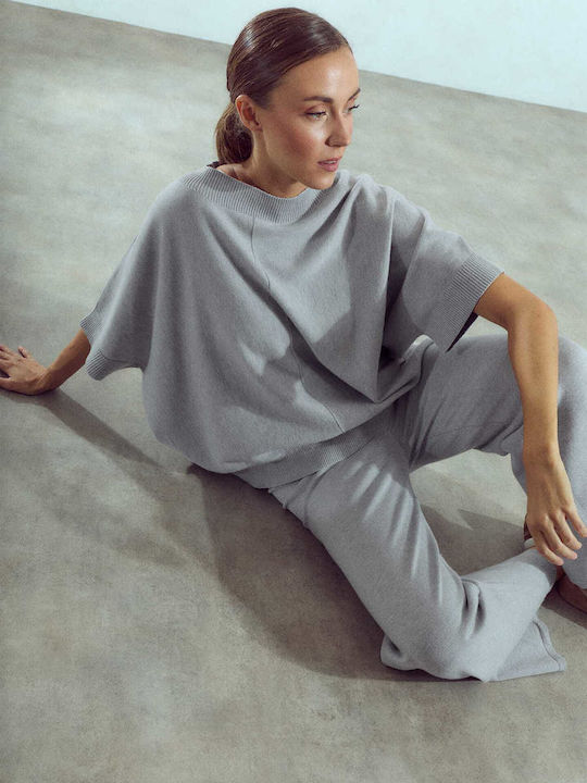 Set Bluză și Pantaloni Largi de Damă din Tricot, Croială Lejeră, Gri