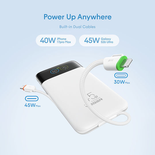 Veger W2085S Външна Батерия 20000mAh 45W с USB-A Порт и USB-C Порт с Power Delivery Бяла