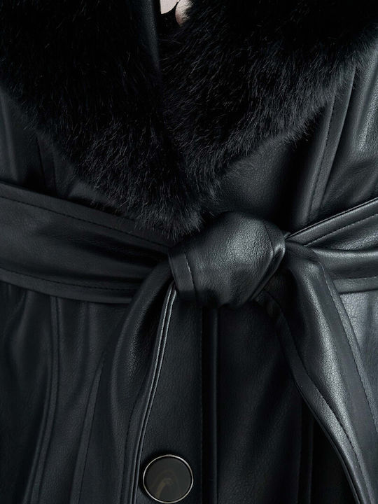 Schwarzer Damen-Ledermantel im Gabardine-Stil