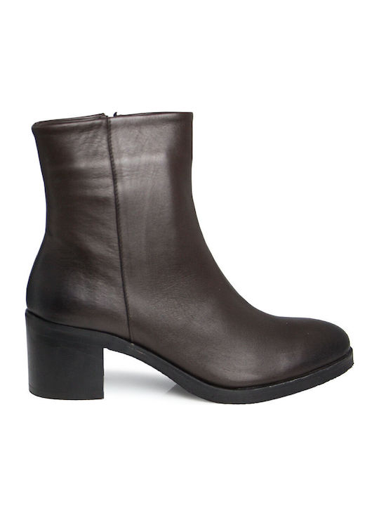 Leather Women's Ankle Boots with Medium Heel Brown