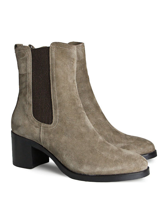 Leather Women's Ankle Boots with Medium Heel Brown Suede