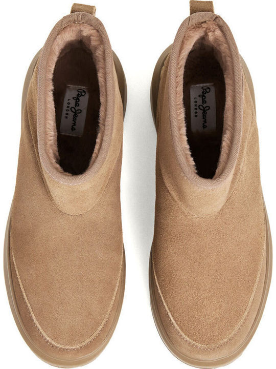 Beige Damen-Lederstiefeletten mit Pelz