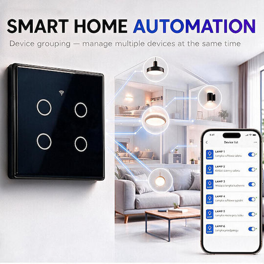 Qoltec Wall-Mounted Quadruple Wi-Fi Touch Wall Switch with Black Frame