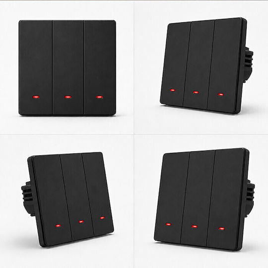 Qoltec Wall-Mounted Wi-Fi Triple Wall Switch with Frame Black
