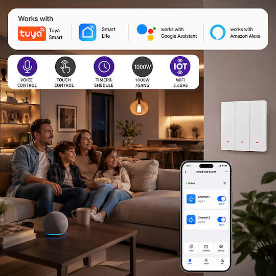 Qoltec Wall-Mounted Wi-Fi Triple Wall Switch with White Frame