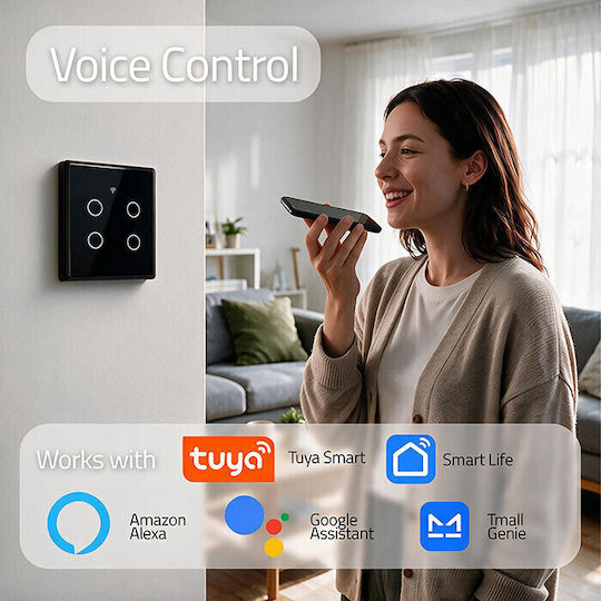 Qoltec Wall-Mounted Quadruple Wi-Fi Touch Wall Switch with Black Frame