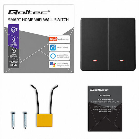 Qoltec Wall-Mounted Double Wi-Fi Wall Switch with Frame Black