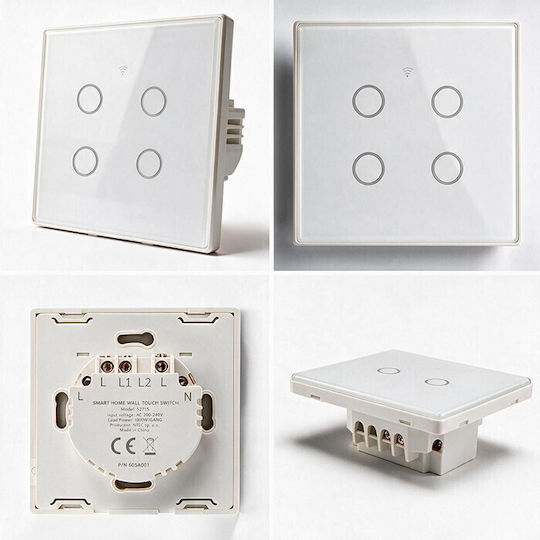 Qoltec Wall-Mounted Quadruple Wi-Fi Touch Wall Switch with White Frame