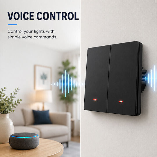 Qoltec Wall-Mounted Double Wi-Fi Wall Switch with Frame Black