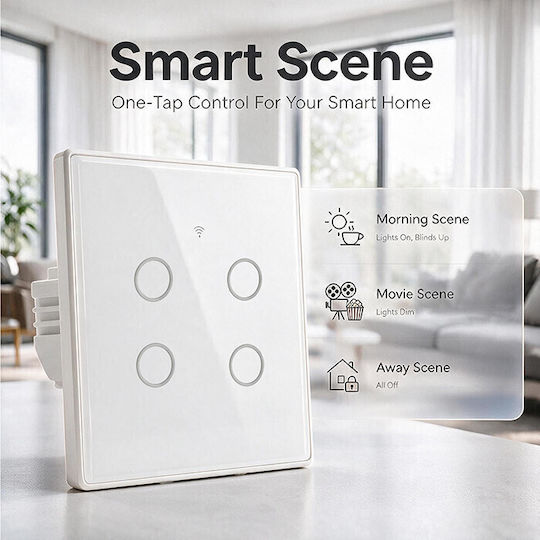 Qoltec Wall-Mounted Quadruple Wi-Fi Touch Wall Switch with White Frame