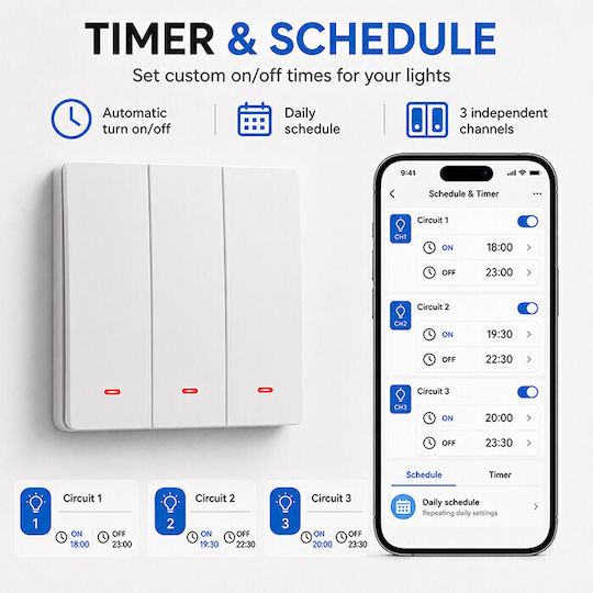 Qoltec Wall-Mounted Wi-Fi Triple Wall Switch with White Frame