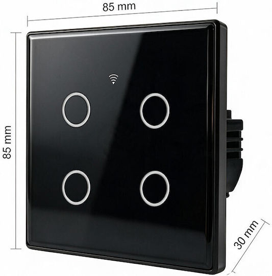 Qoltec Wall-Mounted Quadruple Wi-Fi Touch Wall Switch with Black Frame