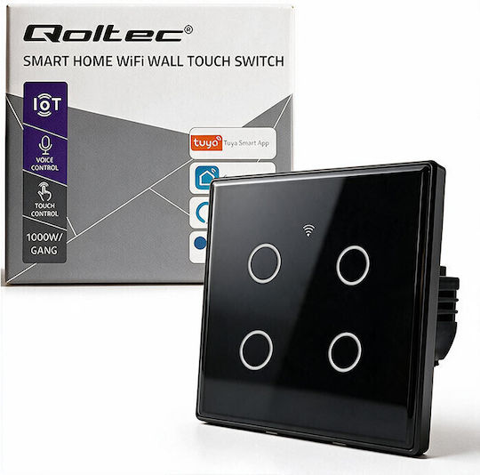 Qoltec Wall-Mounted Quadruple Wi-Fi Touch Wall Switch with Black Frame
