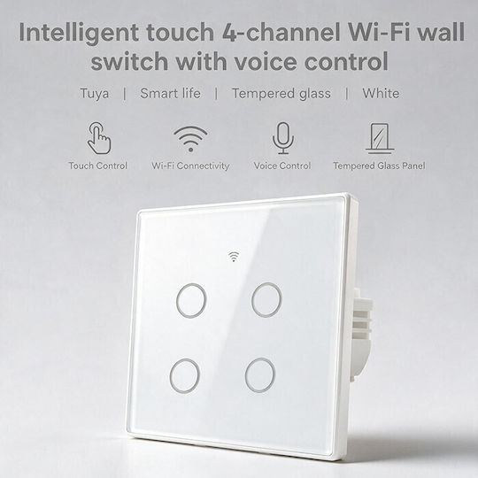 Qoltec Wall-Mounted Quadruple Wi-Fi Touch Wall Switch with White Frame