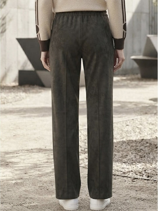 Women's Fabric Trousers with Elastic Waist Brown