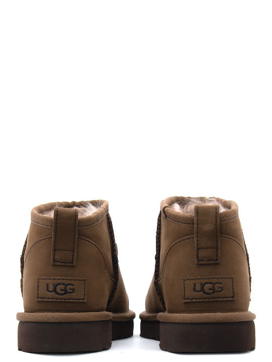 Classic Ultra Mini Leather Women's Ankle Boots with Fur Brown
