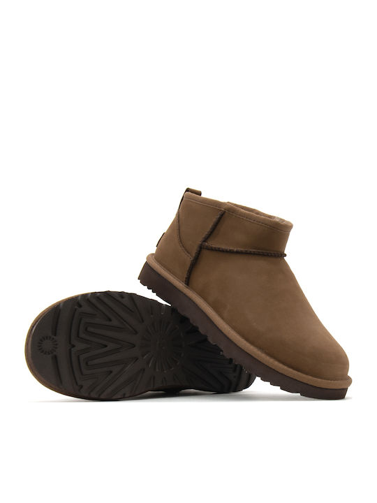 Classic Ultra Mini Leather Women's Ankle Boots with Fur Brown