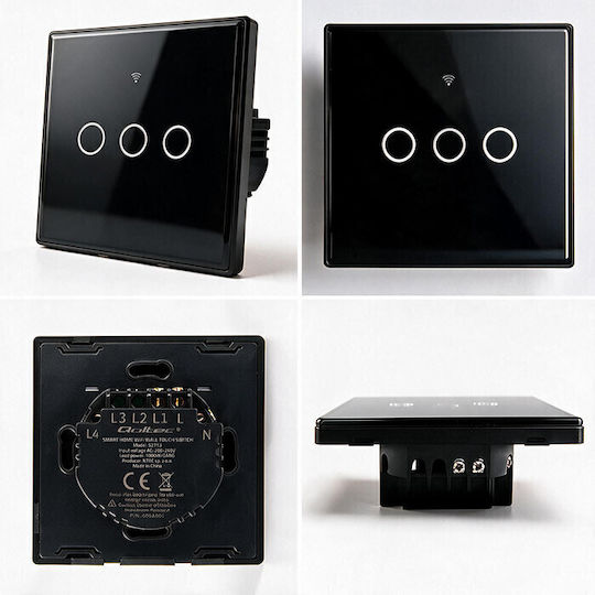 Qoltec Wall-Mounted Wi-Fi Triple Touch Wall Switch with Frame Black