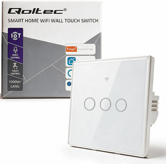 Qoltec Wall-Mounted Triple Wi-Fi Touch Wall Switch with White Frame