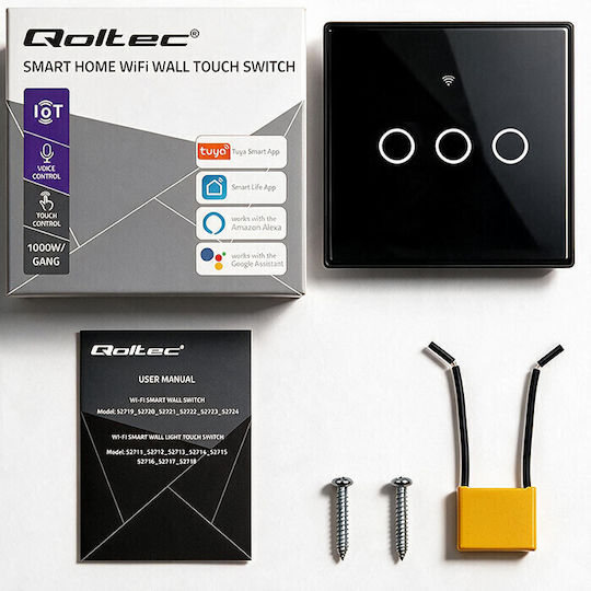 Qoltec Wall-Mounted Wi-Fi Triple Touch Wall Switch with Frame Black