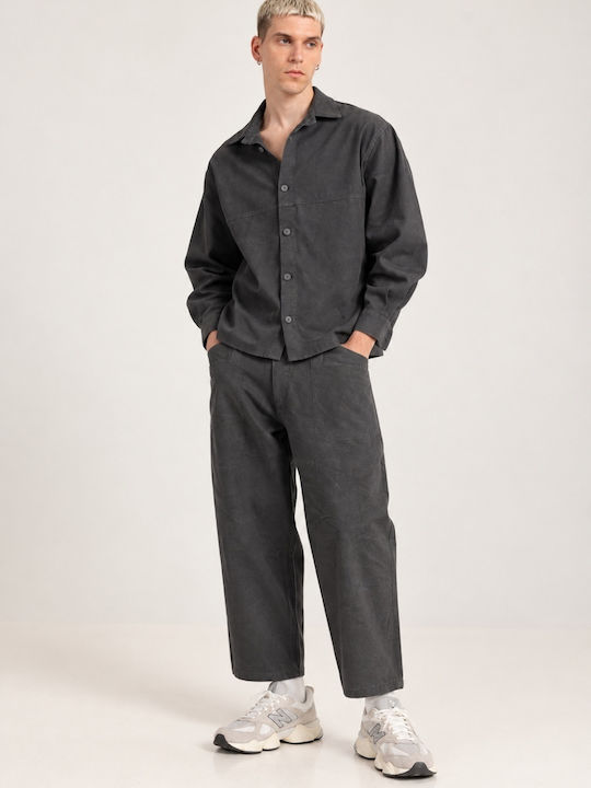 Риза Overshirt от Деним с Дълъг Ръкав в Цвят Сив Камък