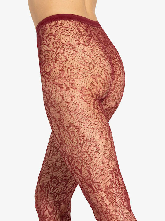 Women's Burgundy Net Pantyhose with Print