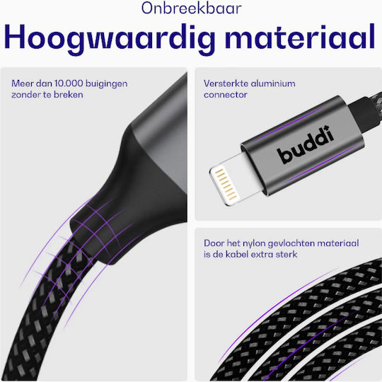 Buddi Flex USB-C to Lightning Cable 20W Μαύρο 5m
