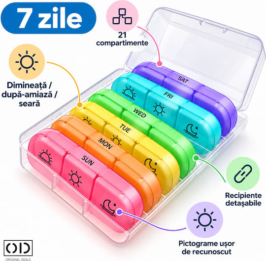 7-day Pill Organizer 21 Compartments Removable Containers 15.6 X 12 Cm Multicolor Original Deals
