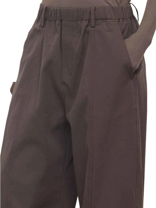 Women's Brown Fabric Trousers with Elastic Waist