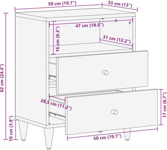 Wooden Bedside Table Brown 50x33x62cm